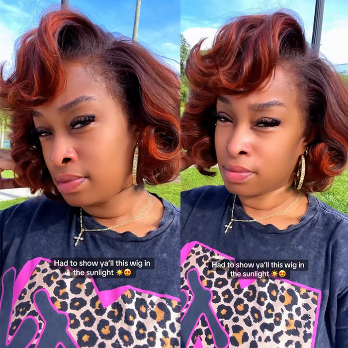 Ombre Brown With Orange Color Shot Bob Loose Wave Human Hair Wig Glueless Lace Front Wig End Curl Natural Wig For Woman- Rafarada