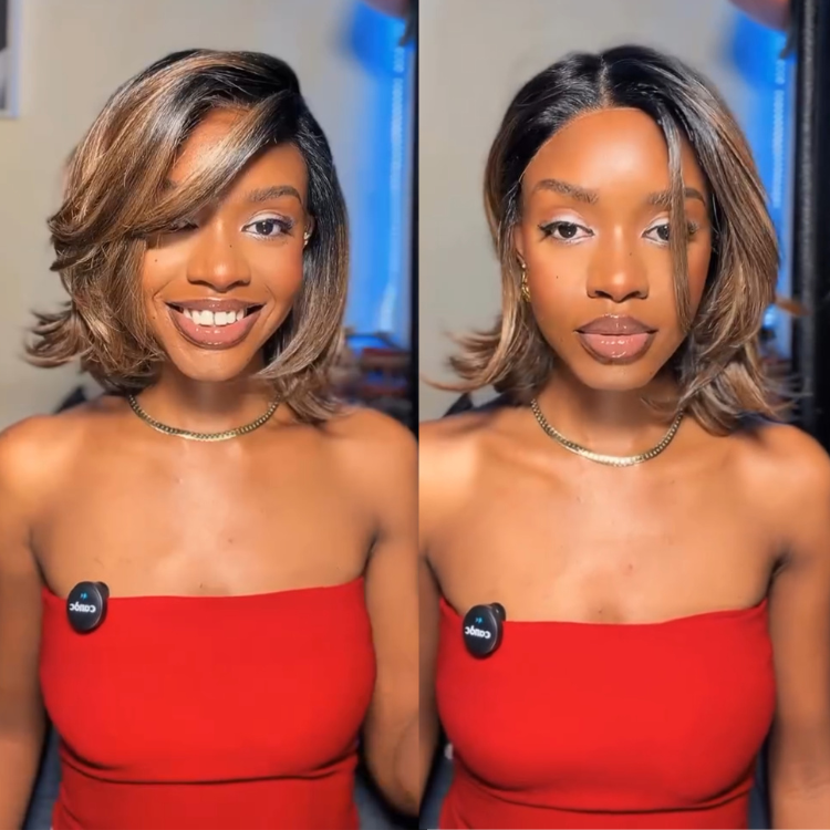 Brown Highlight Straight Bob Wig Human Hair HD Lace Frontal Bob Wigs 220% Density Pre-Plucked Glueless Short Brown Ombre Bob Wig - Rafarada