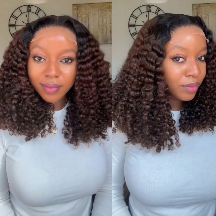 Deep Curly Lace Front Human Hair Wigs for Women Ombre Brown Glueless Lace Deep Curly Wig Pre-Plucked - Rafarada