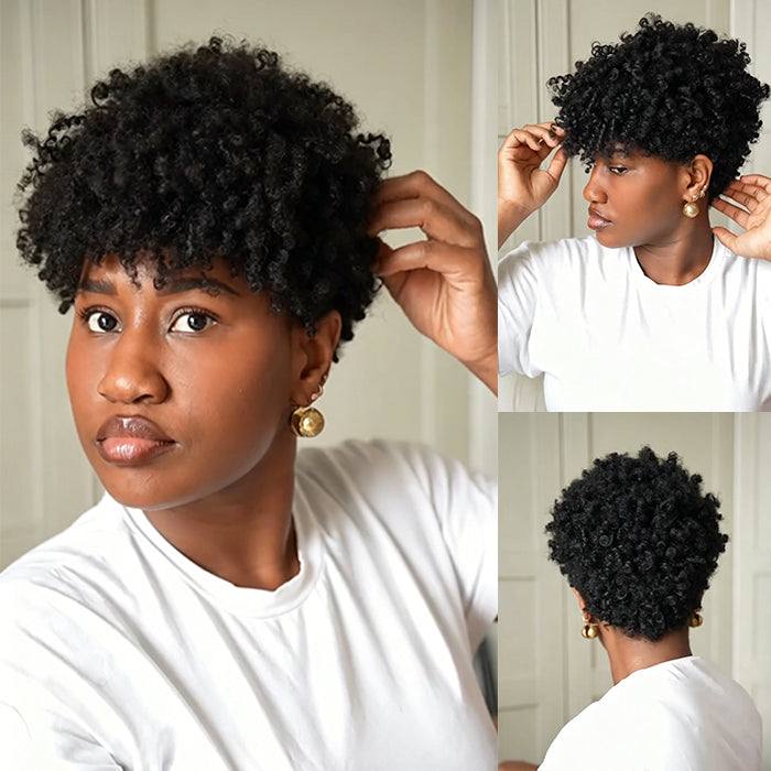 Short Spiral Curls Human Hair Wigs Natural Black Color Glueless Lace Front & Machine Kinky Curly Human Hair Wig - Rafarada