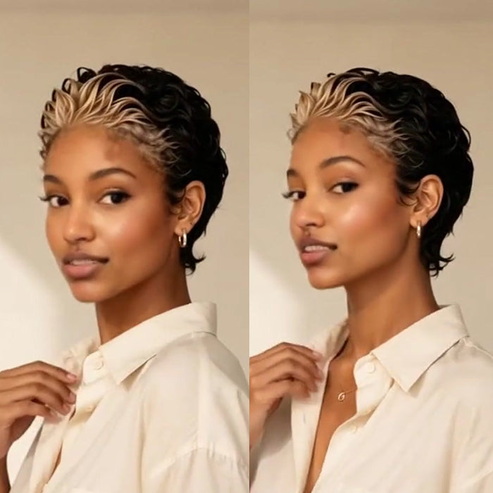 Pixie Cut Curly Wig Natural Black Color With Blonde Color Hairline Short HD Full Lace Front Human Hair Wig - Rafarada