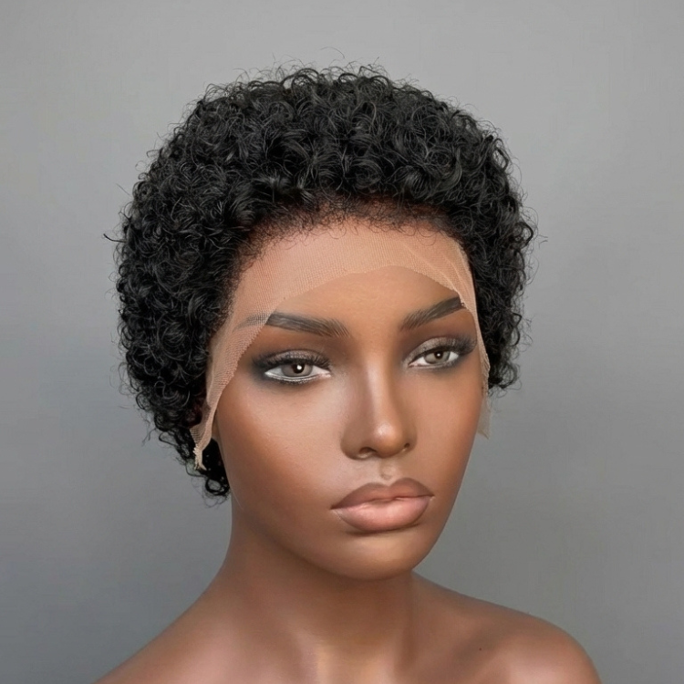 Short Pixie Cut Full Lace Natural Black Curly Human Hair Wig for Black Women Lace Front Wig with Edges Curly Bob Wig - Rafarada