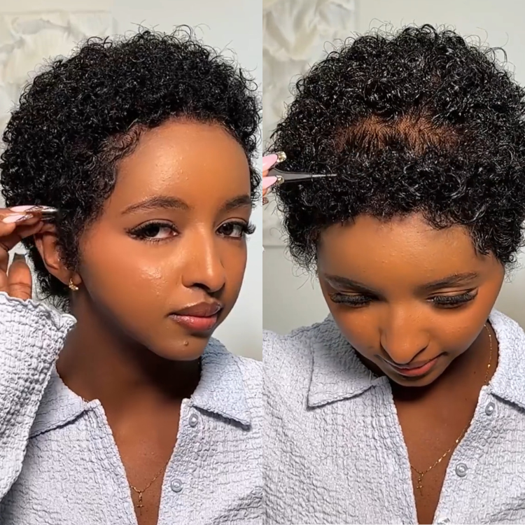 Short Pixie Cut Curly Human Hair Lace Front Wigs Natural Black Full Lace Free Part Wig for Women - Rafarada