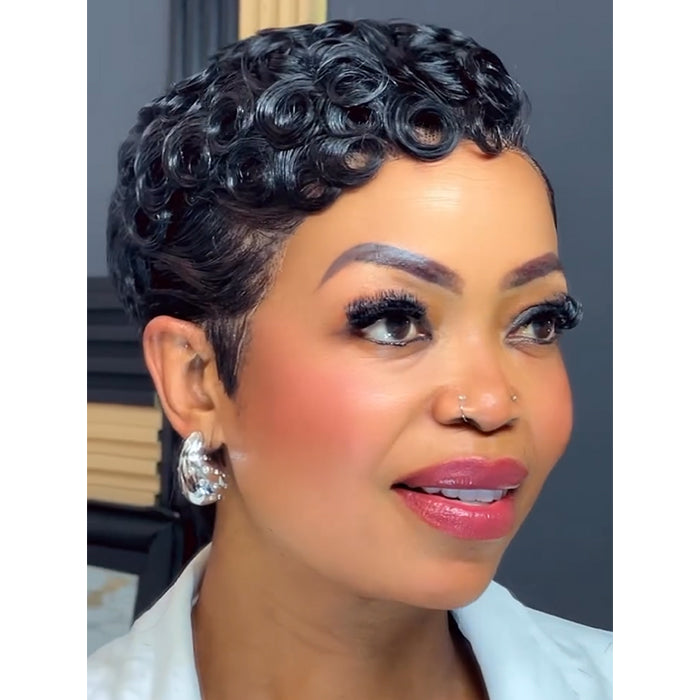 Short Sculpted Curls Pixie Cut Wig Full Lace Finger Wave Natural Black Color Wig - Rafarada