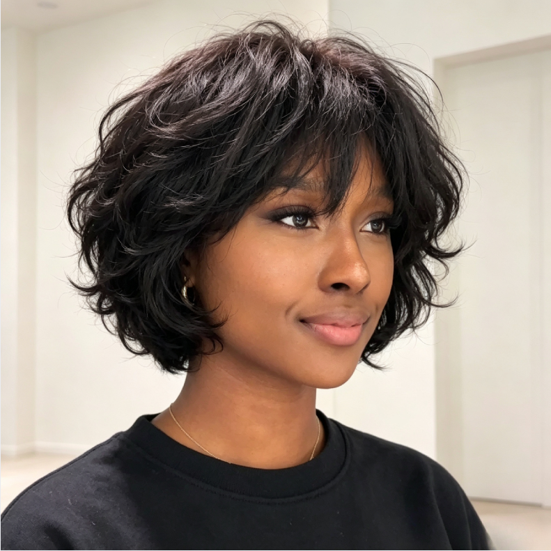 Natural Dark Short Bob Human Hair Wig - Voluminous Loose Body Waves - Glueless Easy Wear - Rafarada