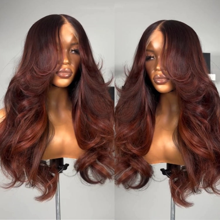 Highlight Red Brown Layer Body Wave Wig Pre Cut Glueless HD Lace Wig - Rafarada