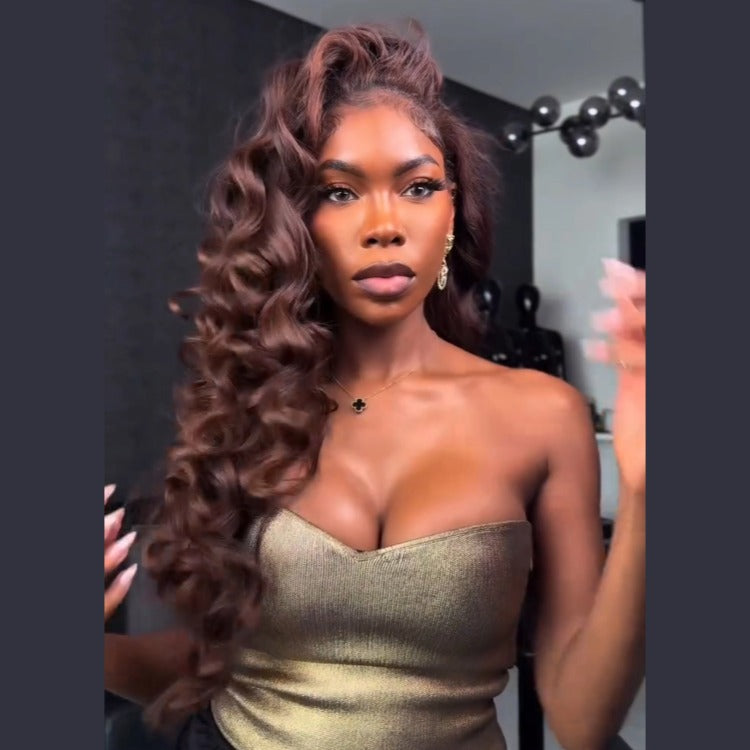 Chocolate Brown Color Loose Wave Wig Wear Go Glueless Wig Pre-cut Lace Wig - Rafarada