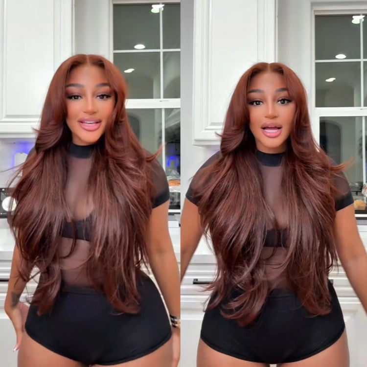 Caramel Reddish Brown Body Wave Layered Haircut Human Hair Wigs - Rafarada