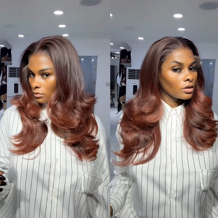 Loose Wave Human Hair Glueless Wig Natural Hairline Ombre Reddish Brown Color Human Hair Glueless HD Lace Front Wig For Woman- Rafarada