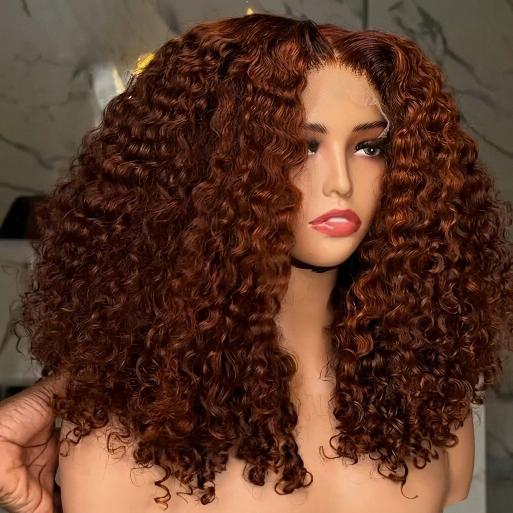 Ombre Chestnut Brown Afro Kinky Curly Lace Front Wig HD Transparent Lace, Dark Roots, Voluminous Defined Curls, Glueless 100% Human Hair Wig - Rafarada