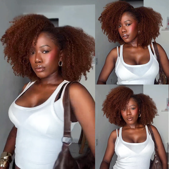 Auburn Afro Kinky Curly Human Hair Wig Voluminous Side Part Coily Curl Reddish Color Wig - Rafarada