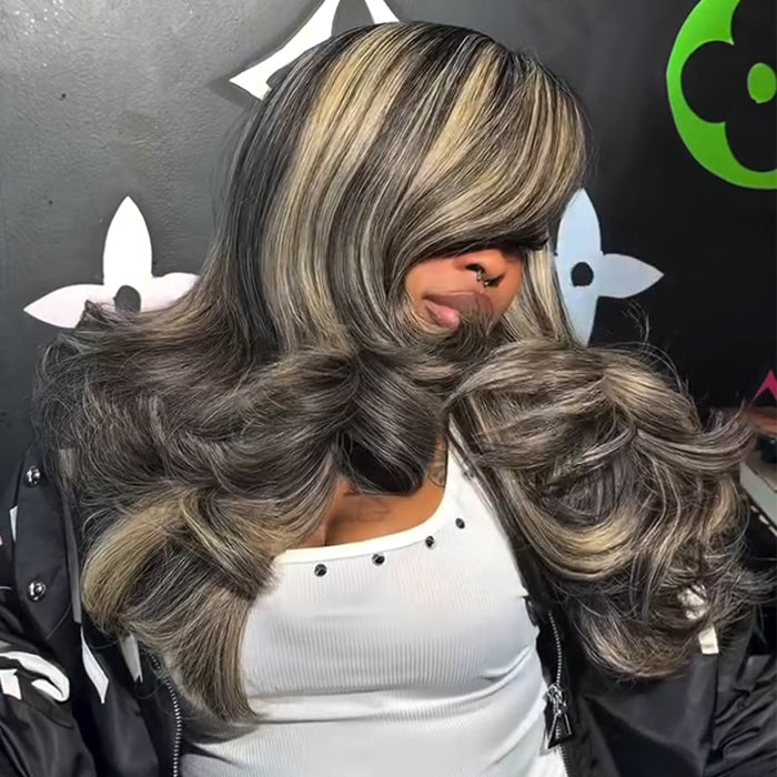 Ash Blonde Piano Highlight Body Wave Wig Long Layered Wave Wig With Side Swept Bangs Human Hair Wig - Rafarada