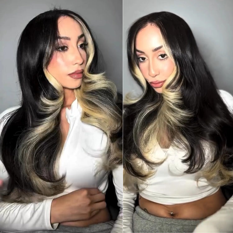 Blonde Highlight Body Wave with Layers Skunk Stripe Hair Lace Front Pre-Plucked Wig - Rafarada