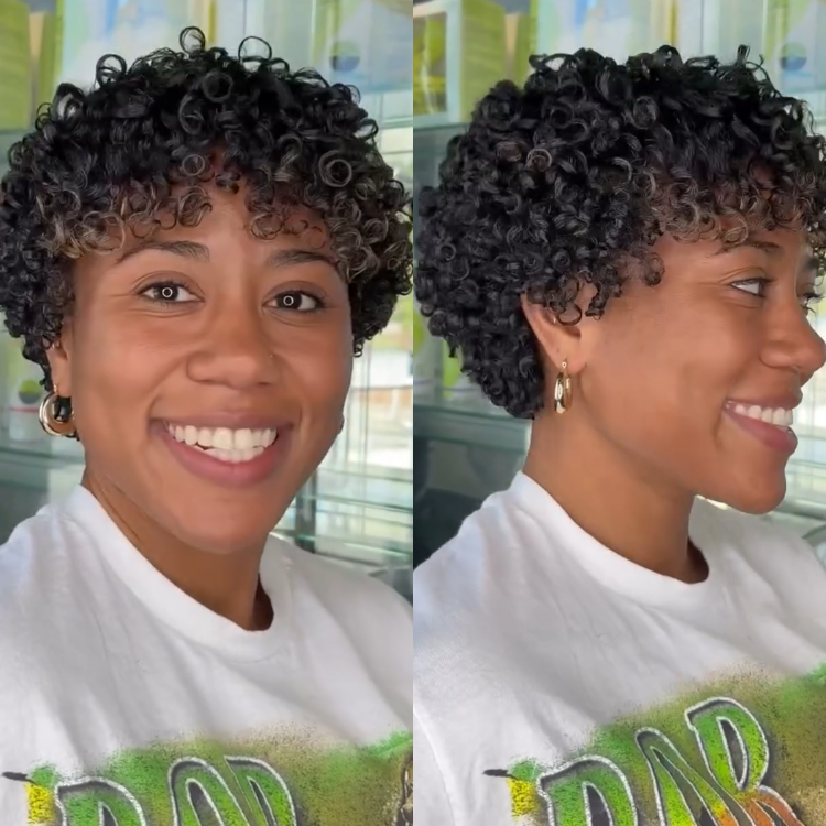 Natural Black with Honey Brown Highlights Coily Bob Wig Short Pixie Cut Spiral Curly Human Hair - Rafarada