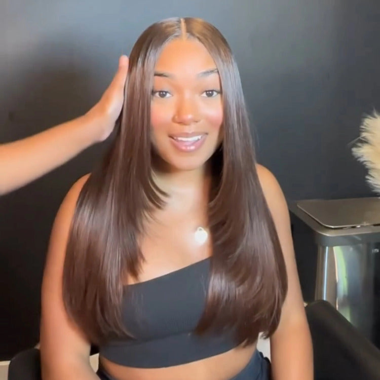 Chocolate Brown Color Bone Straight Layered Cut HD Lace Front Human Hair Wigs - Rafarada