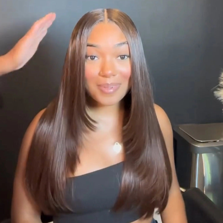 Chocolate Brown Color Bone Straight Layered Cut HD Lace Front Human Hair Wigs - Rafarada