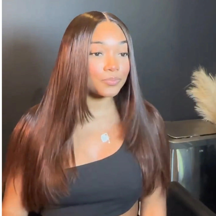 Chocolate Brown Color Bone Straight Layered Cut HD Lace Front Human Hair Wigs - Rafarada