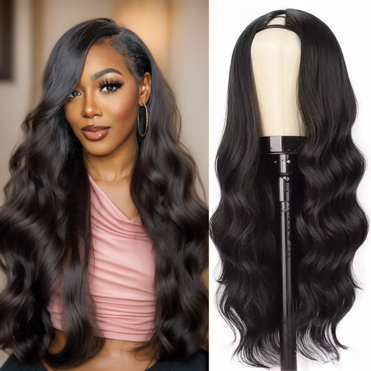 Glueless V Part Wig Body Wave No Leave Out Wig for Women Natural Black High Density Long Wavy Non-Lace Wig - Rafarada