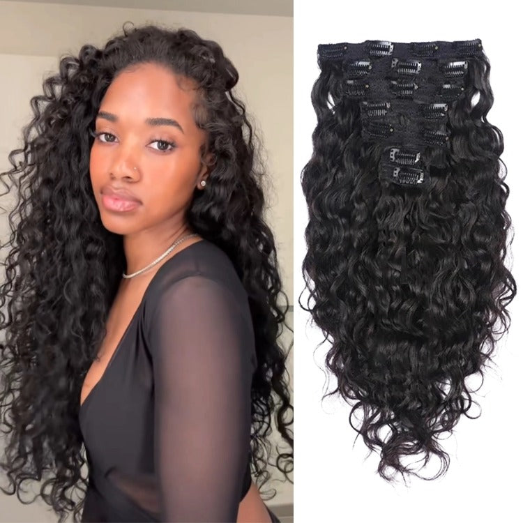 Clip-In Hair Extensions 100% Human Hair Water Wave Full & Thick Hair- Rafarada