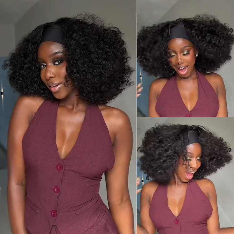 Afro Kinky Curly Headband Wig Human Hair Glueless None Lace Front Wigs Natural Black Bouncy Afro Curly Scarf Wig- Rafarada
