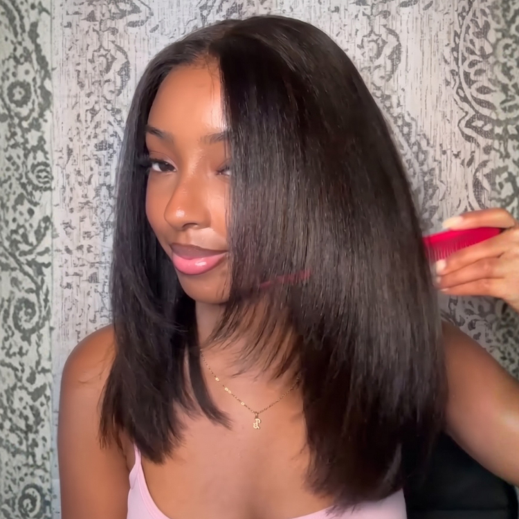 Light Yaki Straight Layered Cut Wig - Pre-Plucked Natural Black Human Hair Wigs with Face-Framing Layers - Rafarada
