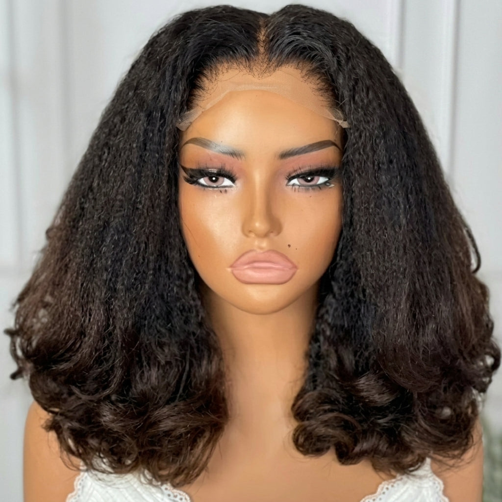 Kinky Straight Wig with Curly Ends Natural Black to Brown Ombre Glueless Human Hair Wig - Rafarada