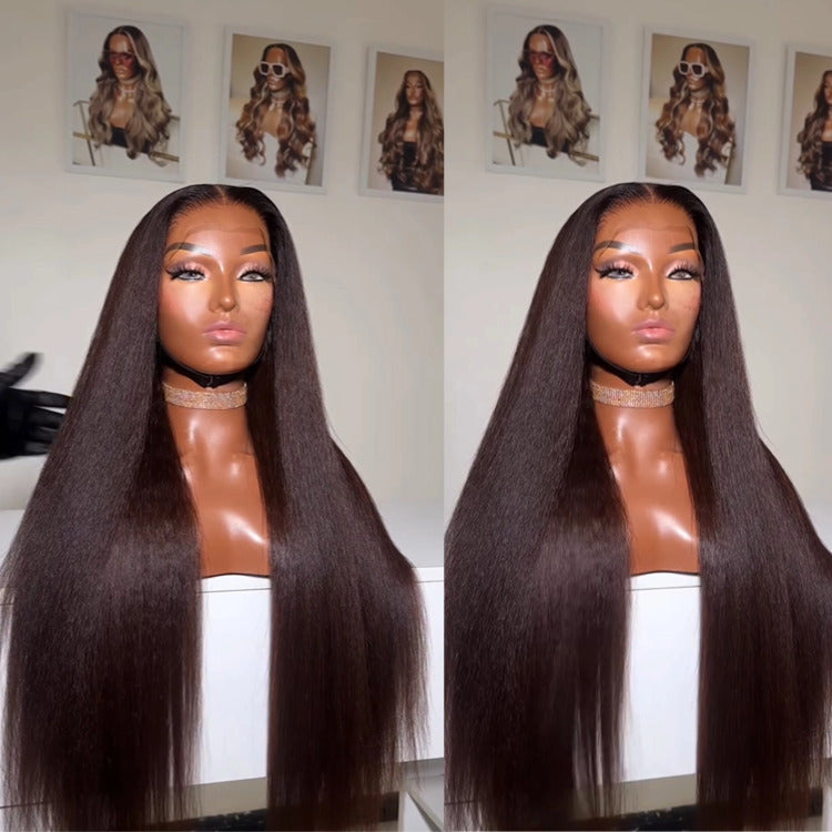 Dark Brown Color Yaki Straight Human Hair Wig Lace Front Wig - Rafarada