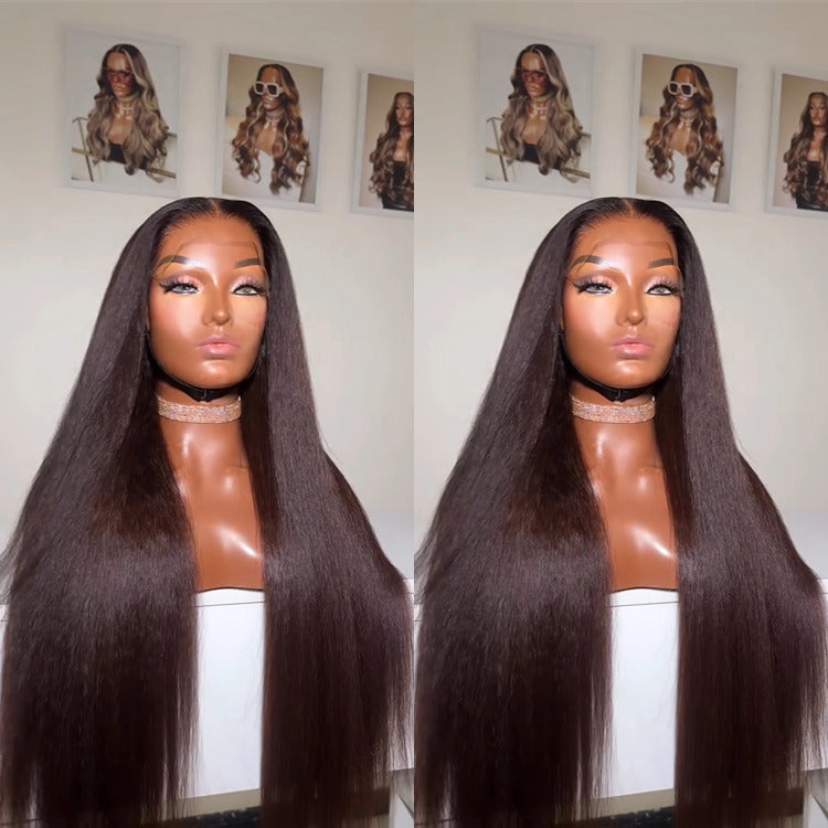 Dark Brown Color Yaki Straight Human Hair Wig Lace Front Wig - Rafarada
