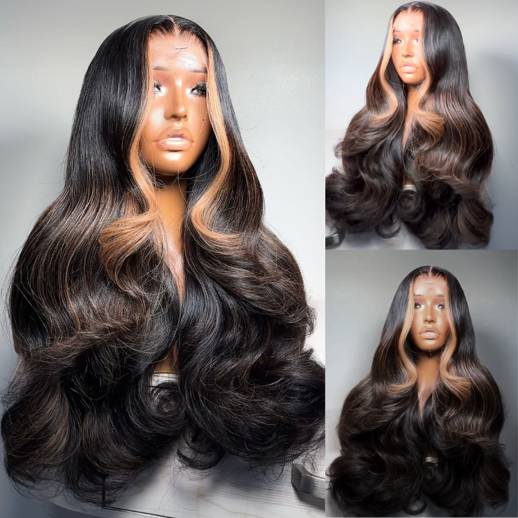 Honey Blonde Money Piece Highlight Body Wave Lace Front Wig  Face-Framing Bouncy Curls Long Wavy Wig - Rafarada