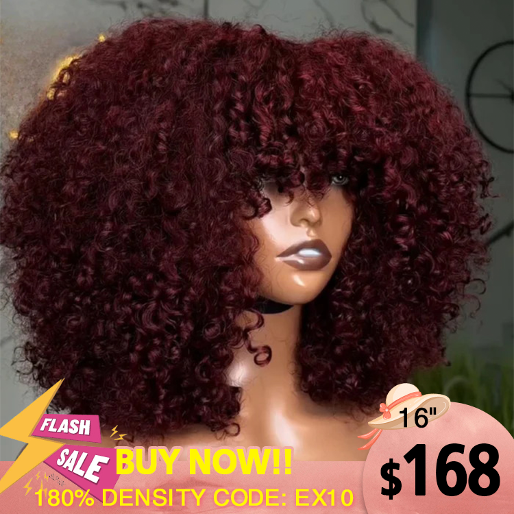 Glueless Chocolate Brown Afro Small Curly Wig with Bangs 4x4 Lace Ombre Brown Human Hair Wigs Bouncy Jerry Curl Fringe Wig Pre-Plucked & Beginner Friendly - Rafarada