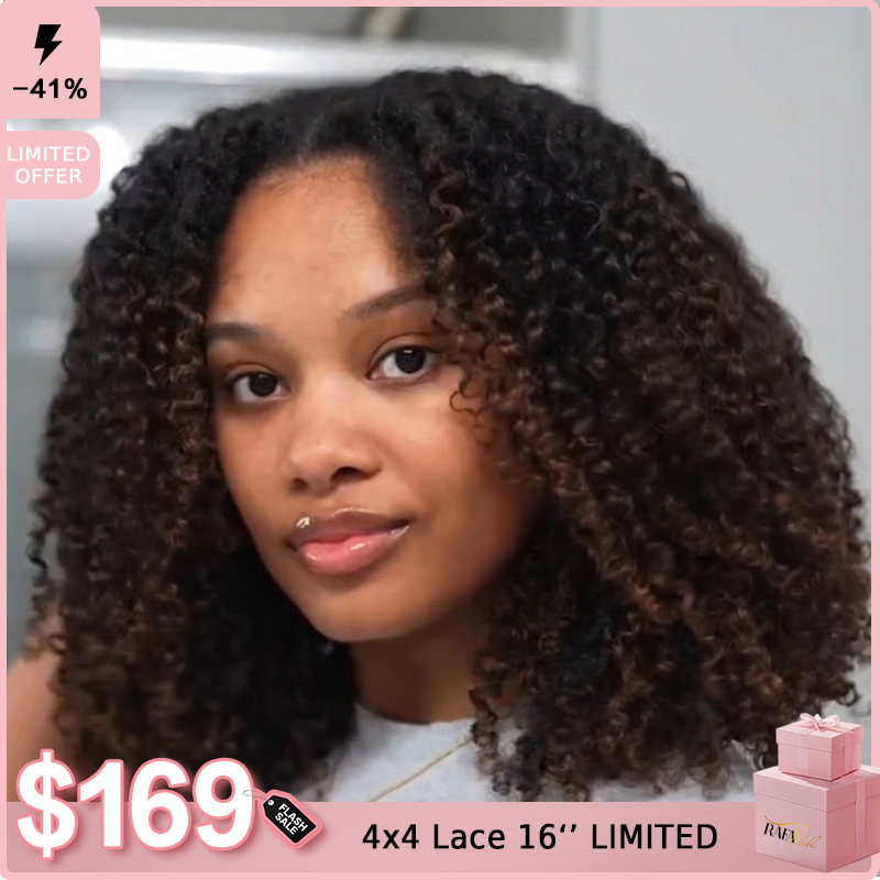 Ready-to-Go Glueless Kinky Curly Wig Spiral Mixed Curls with Brown Highlights - 100% Human Hair Lace Wig- Rafarada