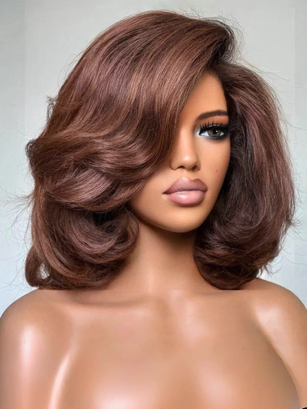 Mocha Brown Chocolate Bob Lace Front Wig Hollywood Waves Human Hair Side Part Vintage Aesthetic Wig Dark Brown Glueless Melted Lace for Black Women - Rafarada