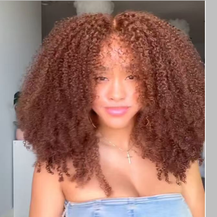 Auburn Brown Kinky Curly Lace Front Human Hair with Bangs Wigs Copper Brown Glueless Wear and Go Afro Curly Wig - Rafarada