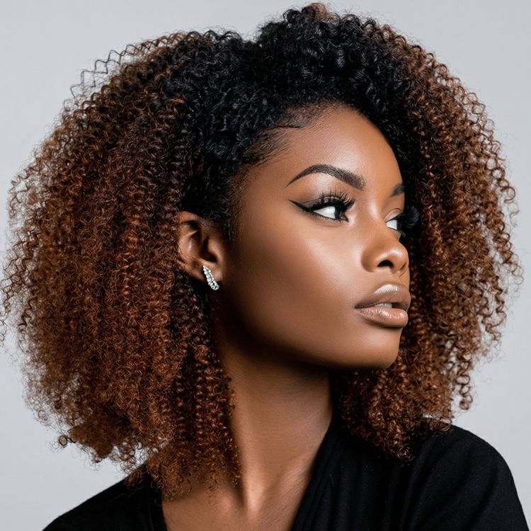 Glueless V Part Wig Human Hair Ombre Brown No Leave Out Beginner Friendly No Glue No Gel Upgrade V Part Kinky Curly Wig - Rafarada