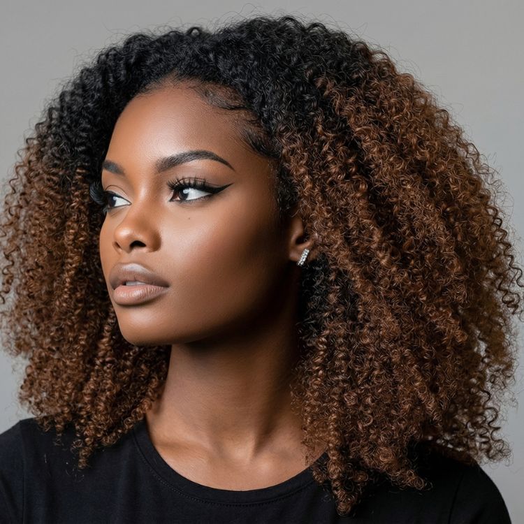Glueless V Part Wig Human Hair Ombre Brown No Leave Out Beginner Friendly No Glue No Gel Upgrade V Part Kinky Curly Wig - Rafarada