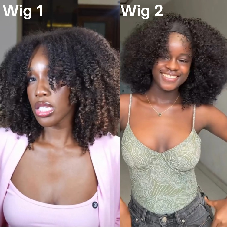 Buy 1 Get 2 Wigs Glueless Afro Curl Human Hair Glueless Wig Highlight Brown & Headband Curly Wig - Rafarada