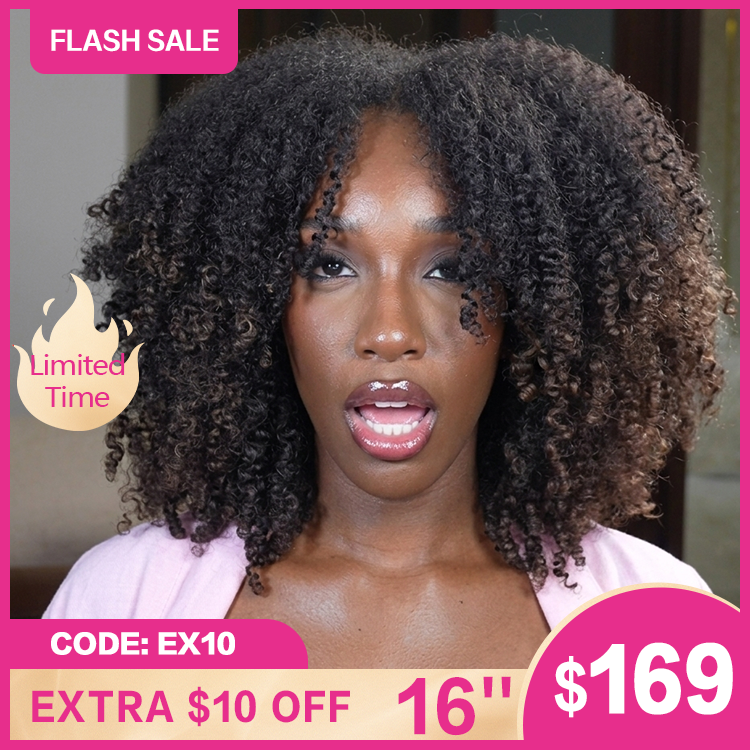 Glueless Afro Curl Human Hair Lace Front Wig Natural Black & Highlight Brown Afro Textured With 4C Edges - Rafarada