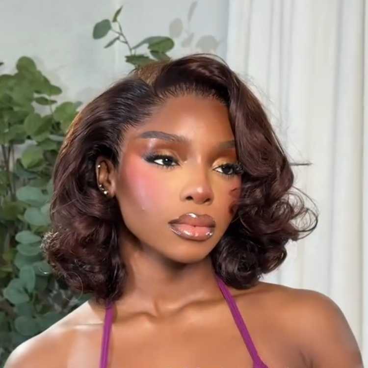Dark Brown Bouncy Bob Wig HD Lace Front Loose Wave Human Hair Wig with Auburn - Rafarada