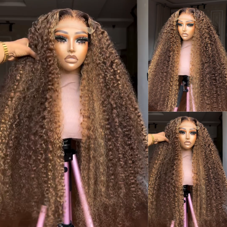 Honey Blonde Highlight Kinky Curly Human Hair Wig Glueless Lace Frontal Wig Brown Balayage Curly Wig for Women - Rafarada
