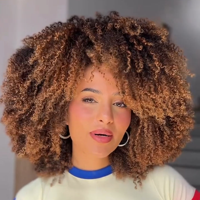 Honey Blonde Highlight Afro Kinky Curly Wig Glueless Fluffy Coily Ombre Color Wigs for Beginner - Rafarada
