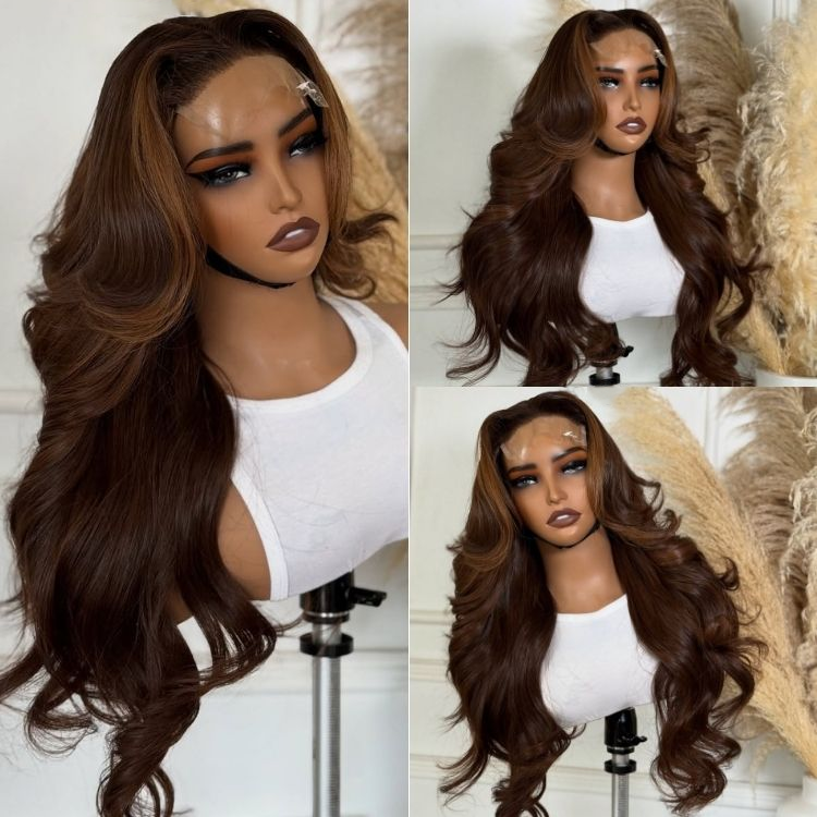 Dark Brown Loose Wave Lace Front Wig with Light Brown Face-Framing Highlights Human Hair Wig - Rafarada