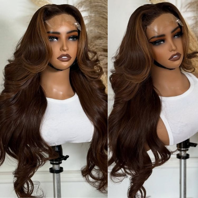 Dark Brown Loose Wave Lace Front Wig with Light Brown Face-Framing Highlights Human Hair Wig - Rafarada