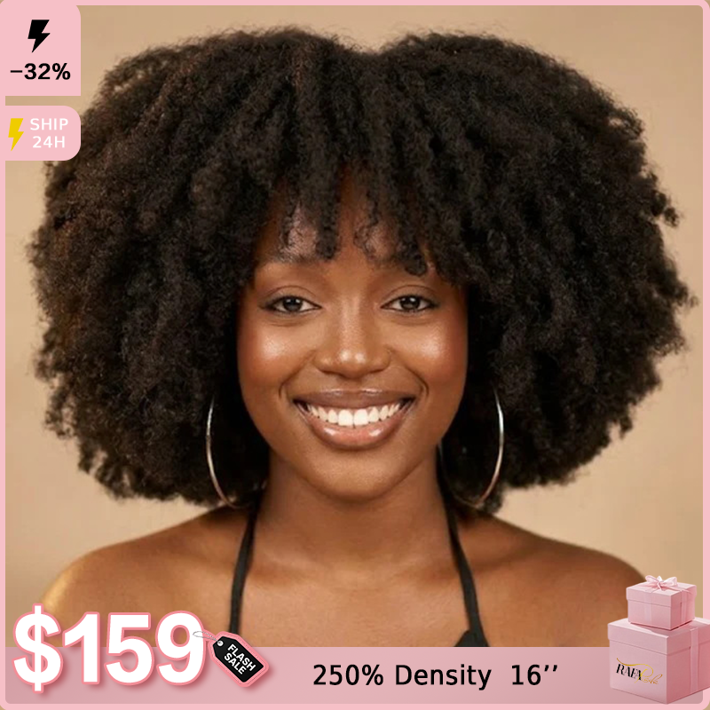 Kinky Curly HD Transparent Lace Frontal Human Hair Wig - Natural Black High Volume 100% Human Hair Wig for Women- Rafarada