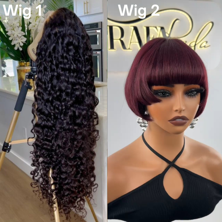 Buy 1 Get 2 Wigs Raw Burmese Curly Wig Long Hair & Popular 99J Bob Wig with Bangs - Rafarada