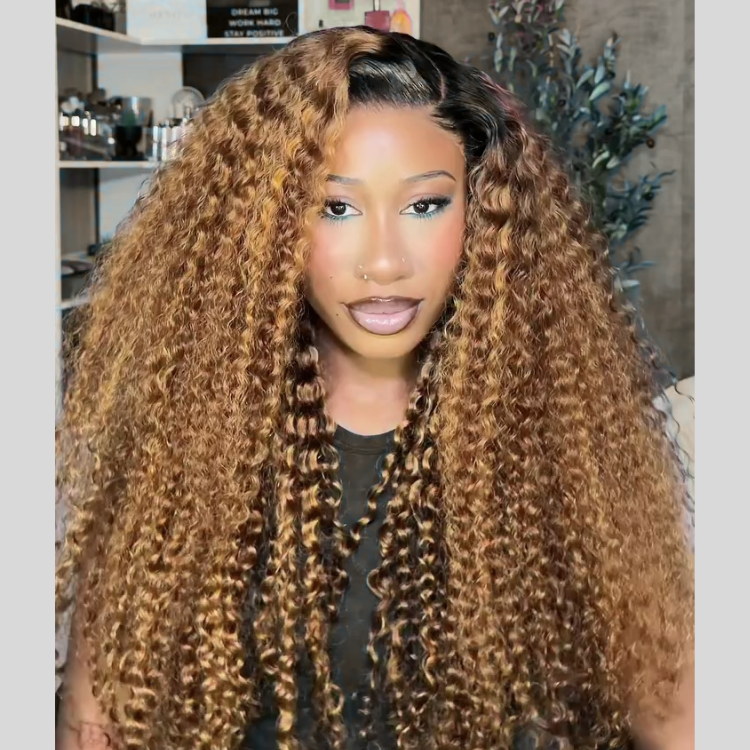 Ombre Brown Deep Curly Lace Front Human Hair Wigs Highlight Honey Brown Curly Glueless Lace Wig Pre-Plucked  - Rafarada
