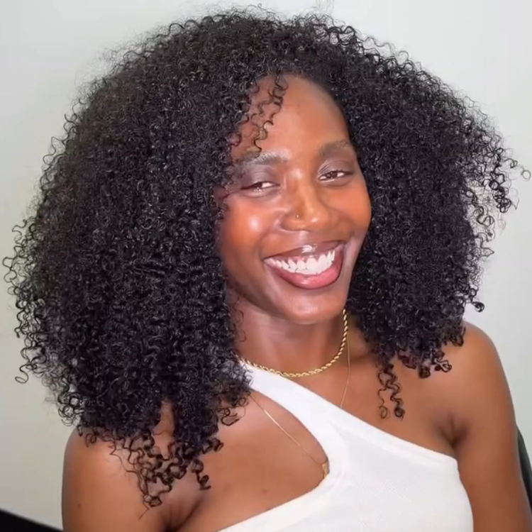 High Density Kinky Curly Glueless Flexi-Fit Half Wig Drawstring Wig 100% Human Hair Natural Black - Rafarada