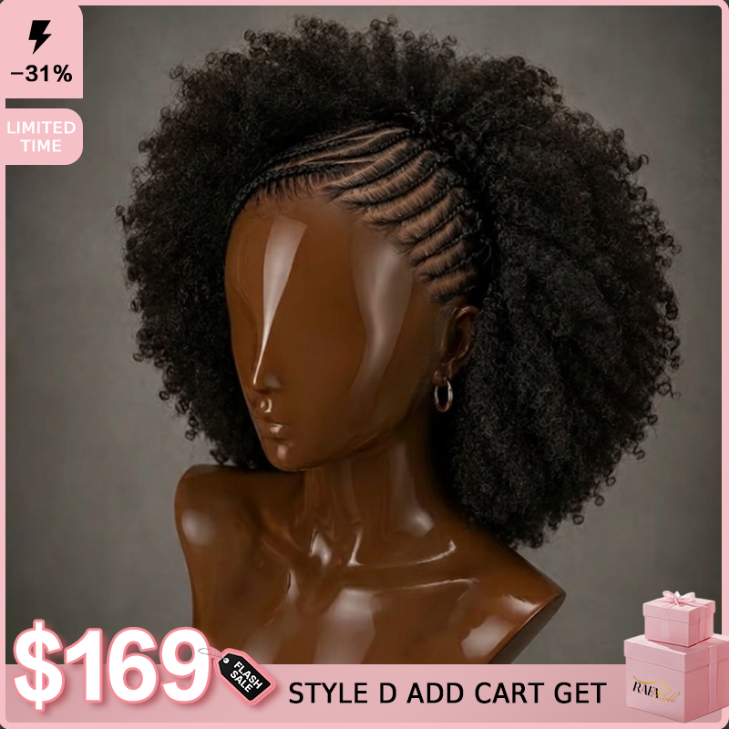 Custom Braided Cornrow Afro Kinky Curly Wigs for Black Women 13x4 Glueless Full Frontal Coily Half Braids Half Up Half Down Wig - Rafarada