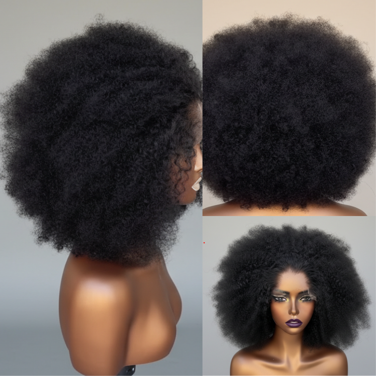 Big Bouncy Afro Curly Human Hair Lace Wig Natural Black 4C Texture Glueless Lace Wig for Women - Rafarada