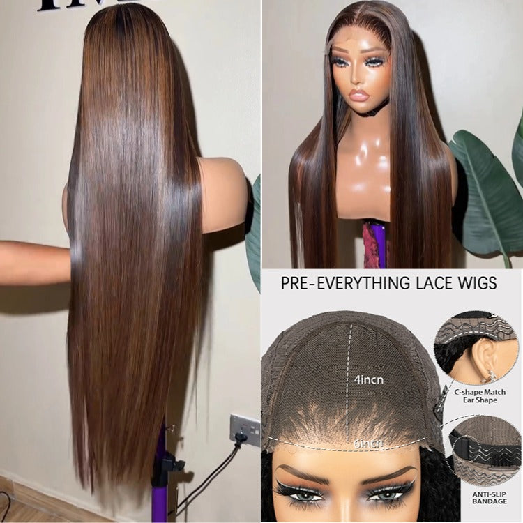 Raw Straight Hair Highlight Brown Color Human Hair Wig HD Lace Front Wig - Rafarada