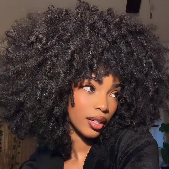 Big Afro Kinky Curly Human Hair Wig with Bangs High Density Glueless Short Curly Bob Wig - Rafarada
